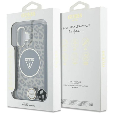 Etui Guess HC IML Leopard Triangle Cord Strap MagSafe do iPhone 16 - brązowe Guess