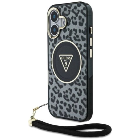 Etui Guess HC IML Leopard Triangle Cord Strap MagSafe do iPhone 16 - czarne Guess
