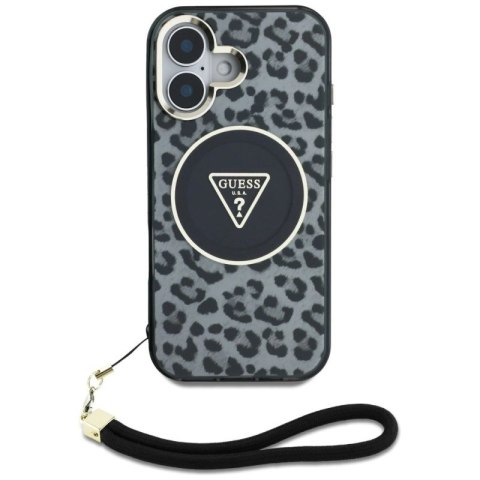 Etui Guess HC IML Leopard Triangle Cord Strap MagSafe do iPhone 16 - czarne Guess