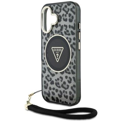 Etui Guess HC IML Leopard Triangle Cord Strap MagSafe do iPhone 16 - czarne Guess