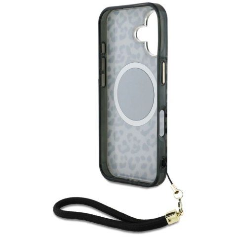 Etui Guess HC IML Leopard Triangle Cord Strap MagSafe do iPhone 16 - czarne Guess