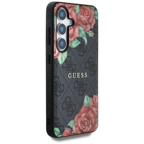 Etui Guess Leather 4G Flowers Print Metal Classic Logo MagSafe na Samsung Galaxy S25 - czarne Guess