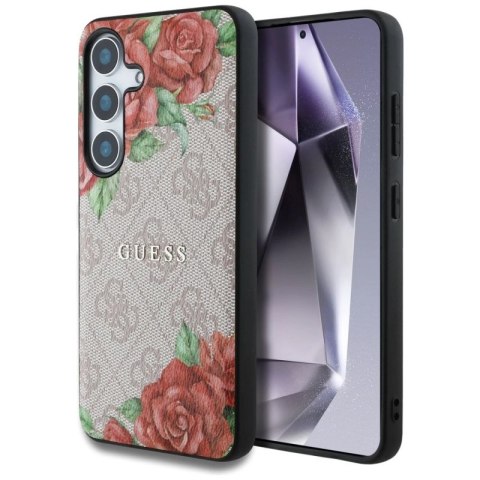 Etui Guess Leather 4G Flowers Print Metal Classic Logo MagSafe na Samsung Galaxy S25 - różowe Guess