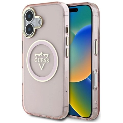Etui Guess IML Metal Mountain Logo MagSafe na iPhone 16 - różowe Guess