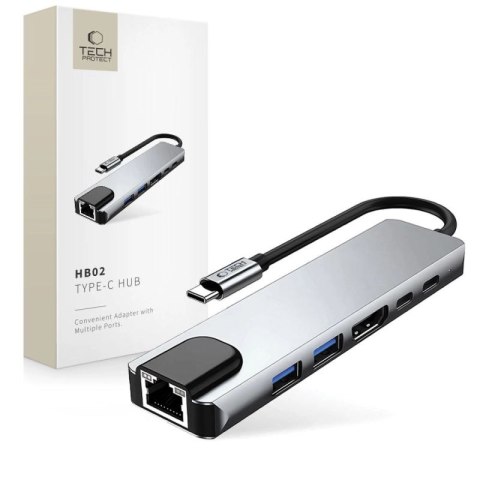 Adapter Tech-Protect HB02 HUB Adapter 6w1 USB-C + USB2.0 + USB3.0 + HDMI 4K 30Hz + RJ45 + PD100W - szary Tech-Protect