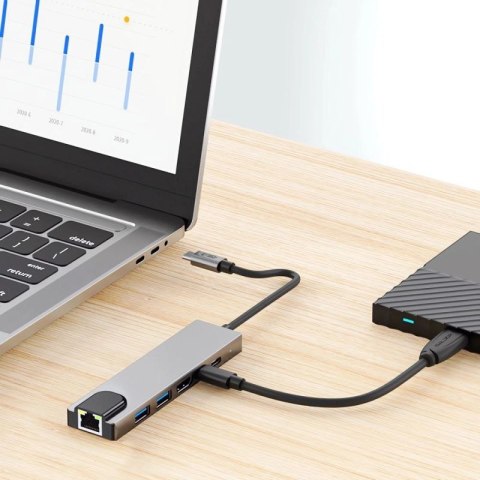 Adapter Tech-Protect HB02 HUB Adapter 6w1 USB-C + USB2.0 + USB3.0 + HDMI 4K 30Hz + RJ45 + PD100W - szary Tech-Protect