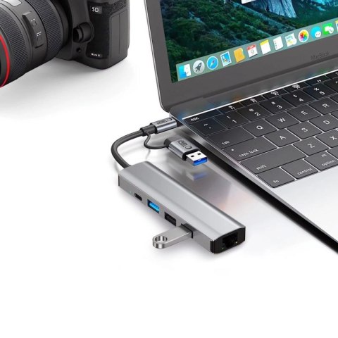 Adapter Tech-Protect HB03 HUB Adapter 5w1 USB-C + USB2.0 + USB3.0 + RJ45 - szary Tech-Protect