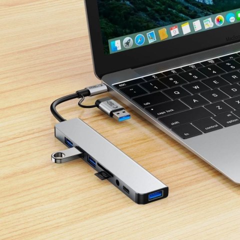 Adapter Tech-Protect HB06 HUB Adapter 8w1 TYP-C + USB2.0 + USB3.0 + SD/TF + AV3.5 - szary Tech-Protect