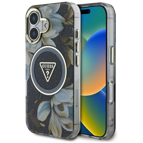 Etui Guess Glitter Flowers Triangle Buttons MagSafe do iPhone 16 czarny Guess