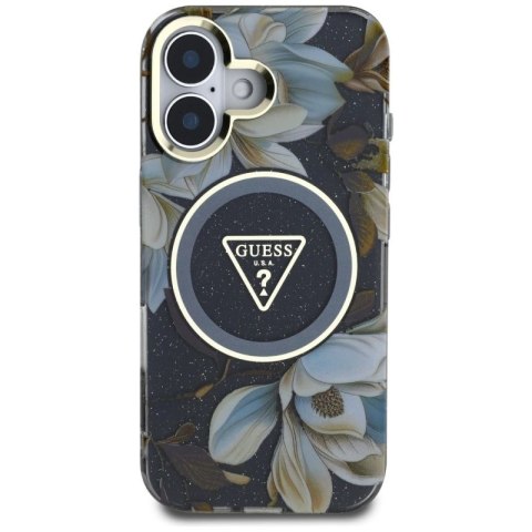 Etui Guess Glitter Flowers Triangle Buttons MagSafe do iPhone 16 czarny Guess