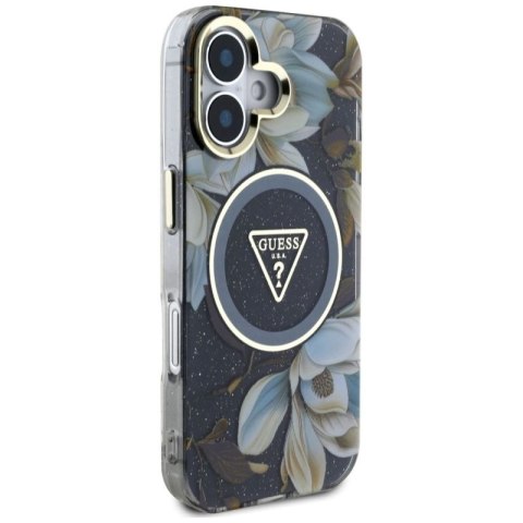 Etui Guess Glitter Flowers Triangle Buttons MagSafe do iPhone 16 czarny Guess