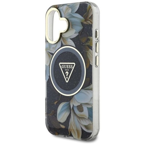 Etui Guess Glitter Flowers Triangle Buttons MagSafe do iPhone 16 czarny Guess
