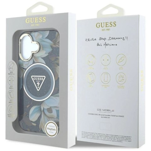 Etui Guess Glitter Flowers Triangle Buttons MagSafe do iPhone 16 czarny Guess