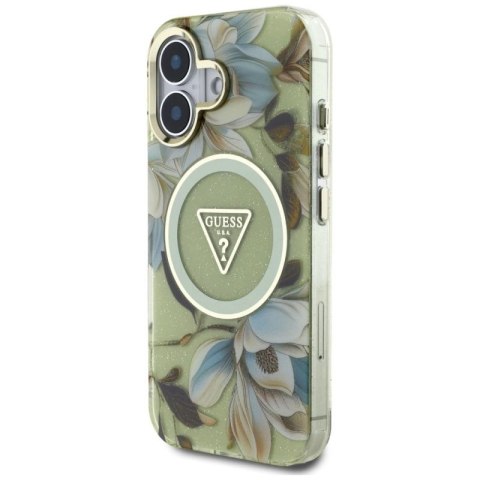 Etui Guess Glitter Flowers Triangle Buttons MagSafe do iPhone 16 zielony Guess