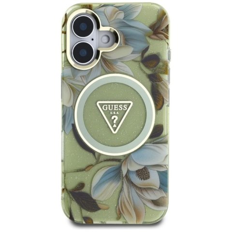 Etui Guess Glitter Flowers Triangle Buttons MagSafe do iPhone 16 zielony Guess