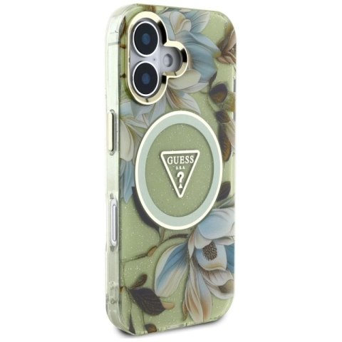 Etui Guess Glitter Flowers Triangle Buttons MagSafe do iPhone 16 zielony Guess