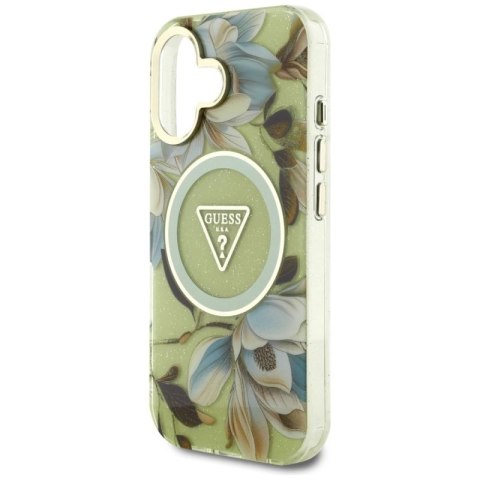 Etui Guess Glitter Flowers Triangle Buttons MagSafe do iPhone 16 zielony Guess