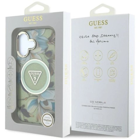 Etui Guess Glitter Flowers Triangle Buttons MagSafe do iPhone 16 zielony Guess