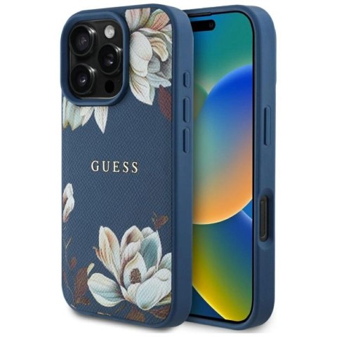 Etui Guess Grained Printed Flower Pattern MagSafe do iPhone 16 Pro niebieski Guess