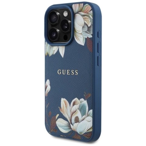 Etui Guess Grained Printed Flower Pattern MagSafe do iPhone 16 Pro niebieski Guess