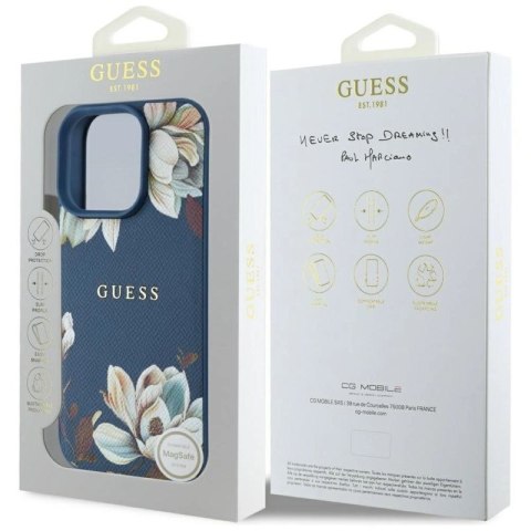 Etui Guess Grained Printed Flower Pattern MagSafe do iPhone 16 Pro niebieski Guess