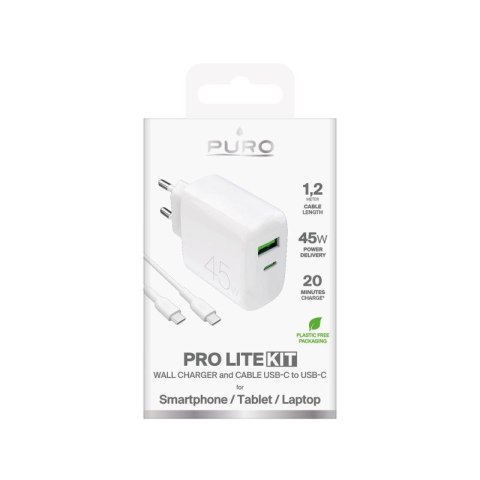 Ładowarka Puro Daily Prolite 45W USB-C USB-A Power Delivery z kablem USB-C - biała Puro