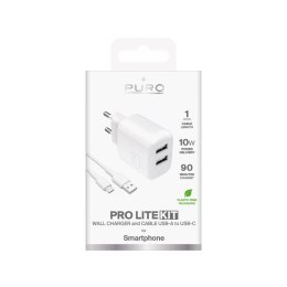 Ładowarka sieciowa Puro PROLITE 10W 2x USB-A + kabel USB-A - USB-C 1.2m - biała Puro