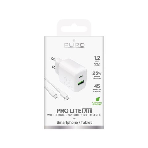 Ładowarka sieciowa Puro PROLITE 25W USB-A / USB-C + kabel USB-C - USB-C 1.2m - biała Puro