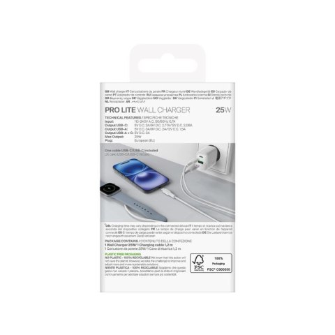 Ładowarka sieciowa Puro PROLITE 25W USB-A / USB-C + kabel USB-C - USB-C 1.2m - biała Puro