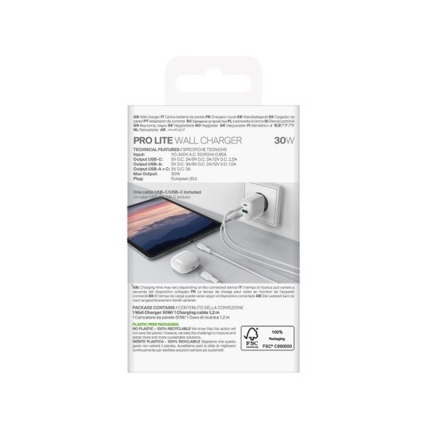 Ładowarka sieciowa Puro PROLITE 30W USB-A / USB-C + kabel USB-C - USB-C 1.2m - biała Puro