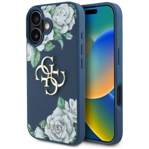Etui Guess Grained Roses Big 4G logo na iPhone 16 - niebieskie Guess