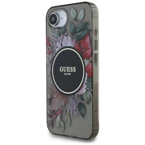 Etui Guess IML Flowers MagSafe na iPhone 16e - czarne Guess