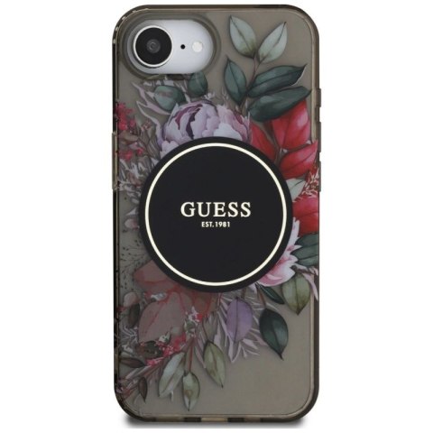 Etui Guess IML Flowers MagSafe na iPhone 16e - czarne Guess