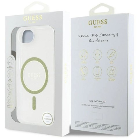 Etui Guess IML Glitter Circle MagSafe na iPhone 16e - przezroczyste Guess