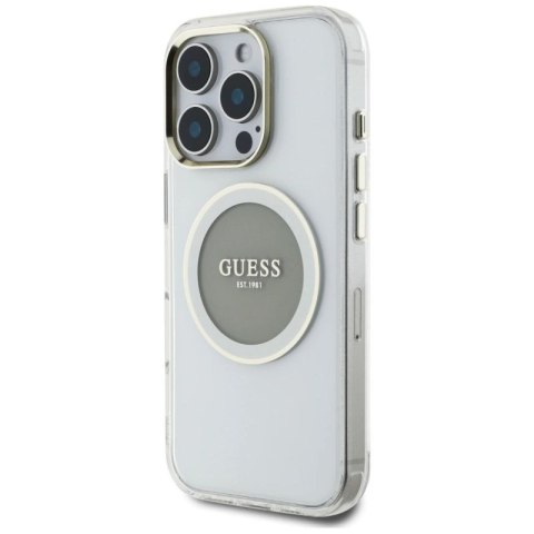 Etui Guess IML Metal Colored Circle Classic Logo MagSafe na iPhone 16 Pro - szare Guess