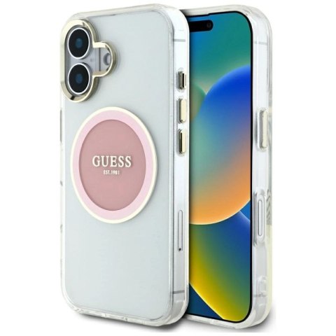 Etui Guess IML Metal Colored Circle Classic Logo MagSafe na iPhone 16 - różowe Guess
