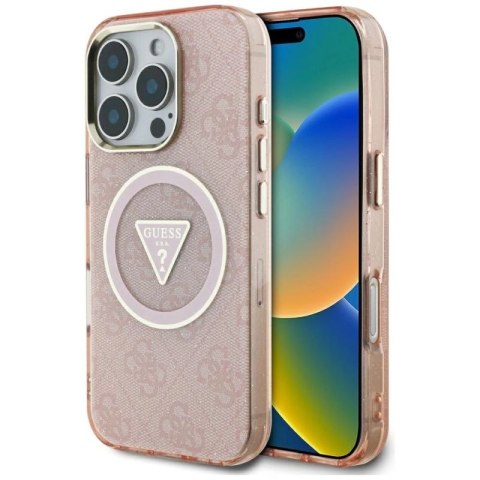 Etui Guess IML Metal Glitter 4G Circle Triangle MagSafe na iPhone 16 Pro Max - różowe Guess