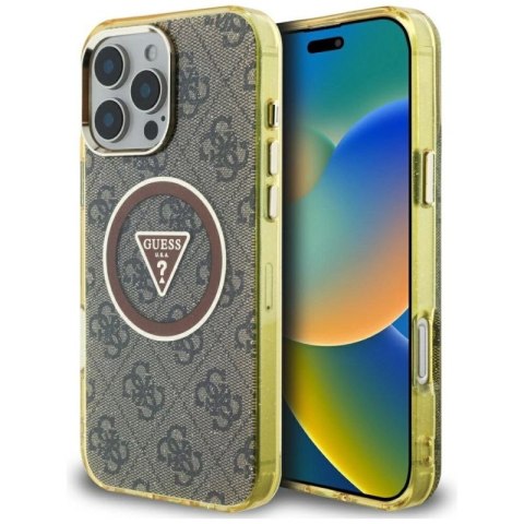 Etui Guess IML Metal Glitter 4G Circle Triangle MagSafe na iPhone 16 Pro - brązowe Guess