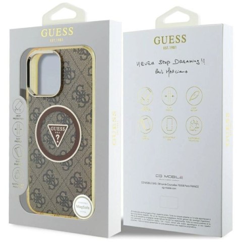 Etui Guess IML Metal Glitter 4G Circle Triangle MagSafe na iPhone 16 Pro - brązowe Guess