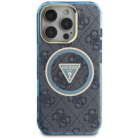 Etui Guess IML Metal Glitter 4G Circle Triangle MagSafe na iPhone 16 Pro - niebieskie Guess