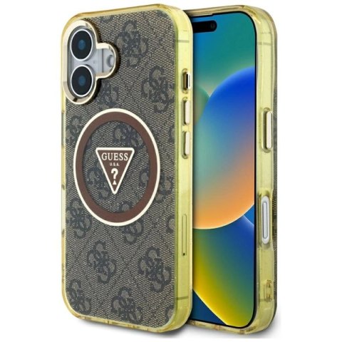 Etui Guess IML Metal Glitter 4G Circle Triangle MagSafe na iPhone 16 - brązowy Guess