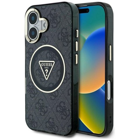 Etui Guess IML Metal Glitter 4G Circle Triangle MagSafe na iPhone 16 - czarne Guess