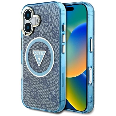 Etui Guess IML Metal Glitter 4G Circle Triangle MagSafe na iPhone 16 - niebieskie Guess