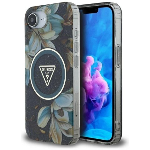 Etui Guess IML Metal Glitter Flowers Triangle MagSafe na iPhone 16e - czarne Guess