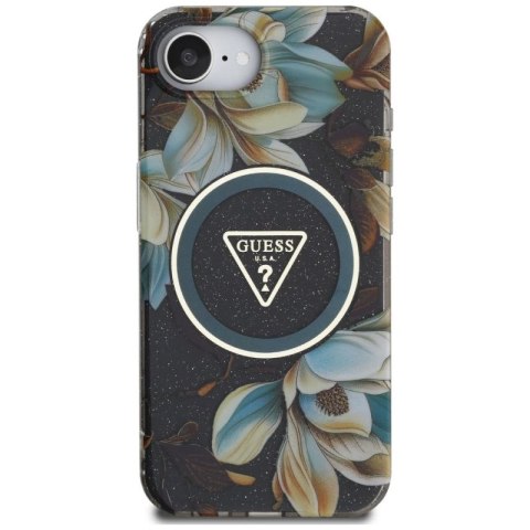 Etui Guess IML Metal Glitter Flowers Triangle MagSafe na iPhone 16e - czarne Guess