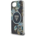 Etui Guess IML Metal Glitter Flowers Triangle MagSafe na iPhone 16e - czarne Guess