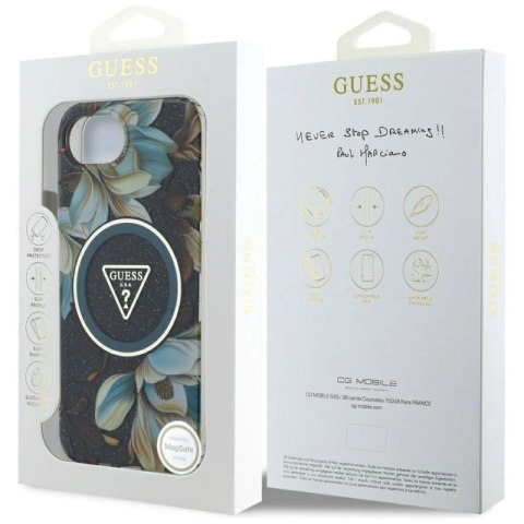 Etui Guess IML Metal Glitter Flowers Triangle MagSafe na iPhone 16e - czarne Guess