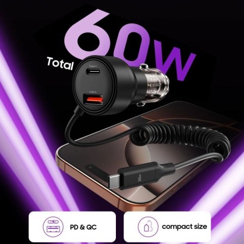 Ładowarka samochodowa CC05 2-porty PD60 W + kabel USB-C - czarna Tech-Protect