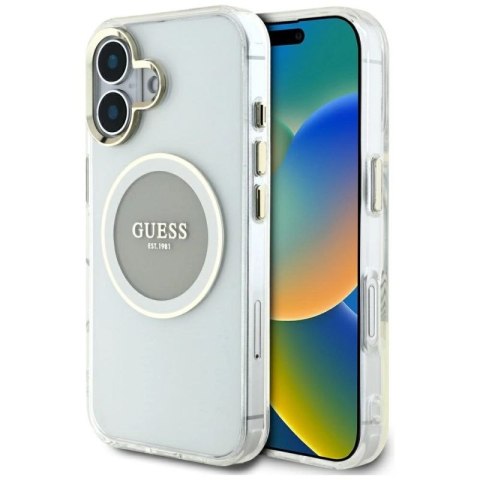 Etui Guess IML Metal Colored Circle Classic Logo MagSafe na iPhone 16 - szare Guess