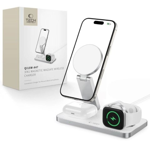 Ładowarka indukcyjna Tech-Protect QI15W-A47 MagSafe 3w1 + kabel USB-C - biała Tech-Protect